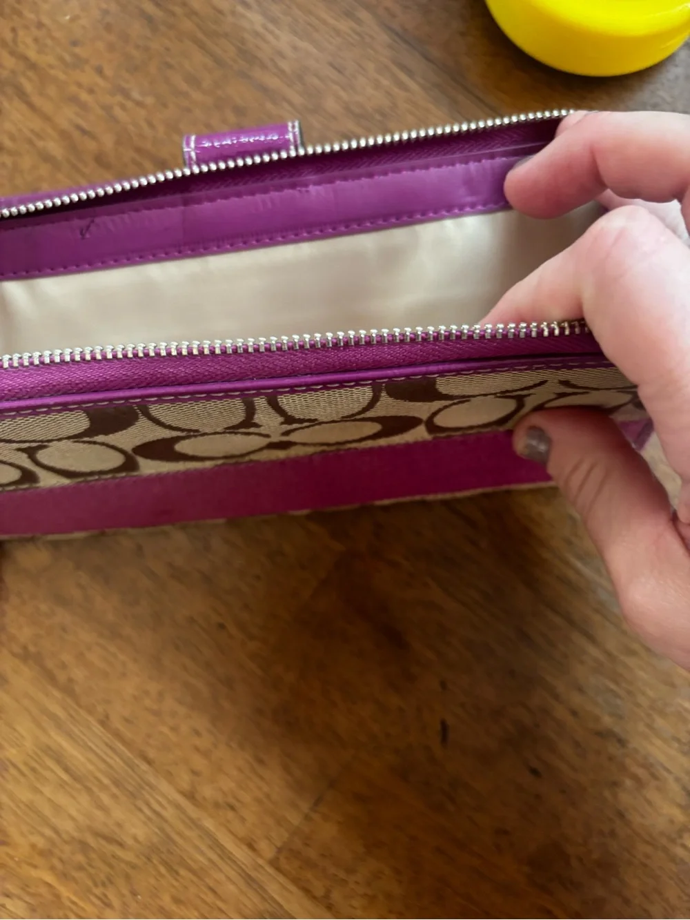 Coach Signature Canvas Purple Stripe Accordion Zip Around Wallet